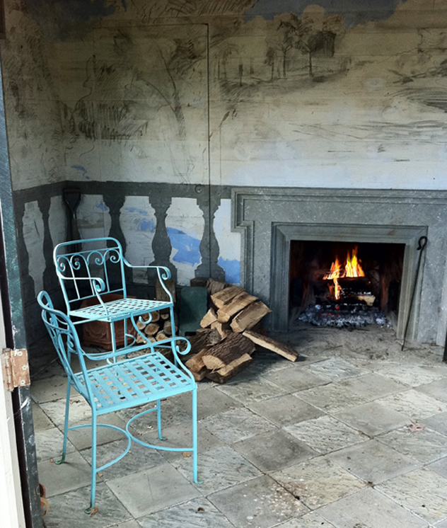 Interior fireplace2 Interior of temple- murals by Hitch.