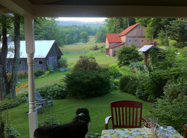 Mermer Blakeslee's garden with a "borrowed view" from the porch.